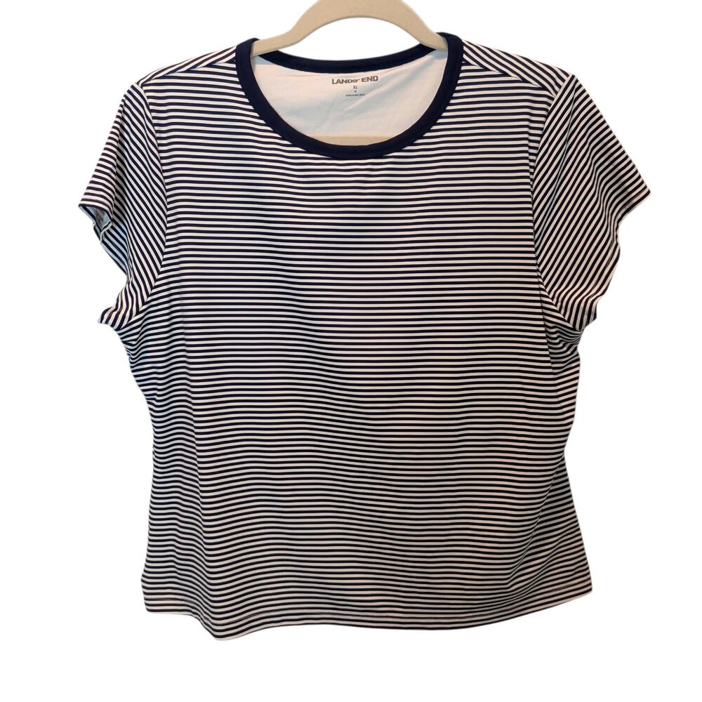 Lands End Women's Sz XL 18 Navy Blue White Strip Swim Top T Shirt Shelf Bra